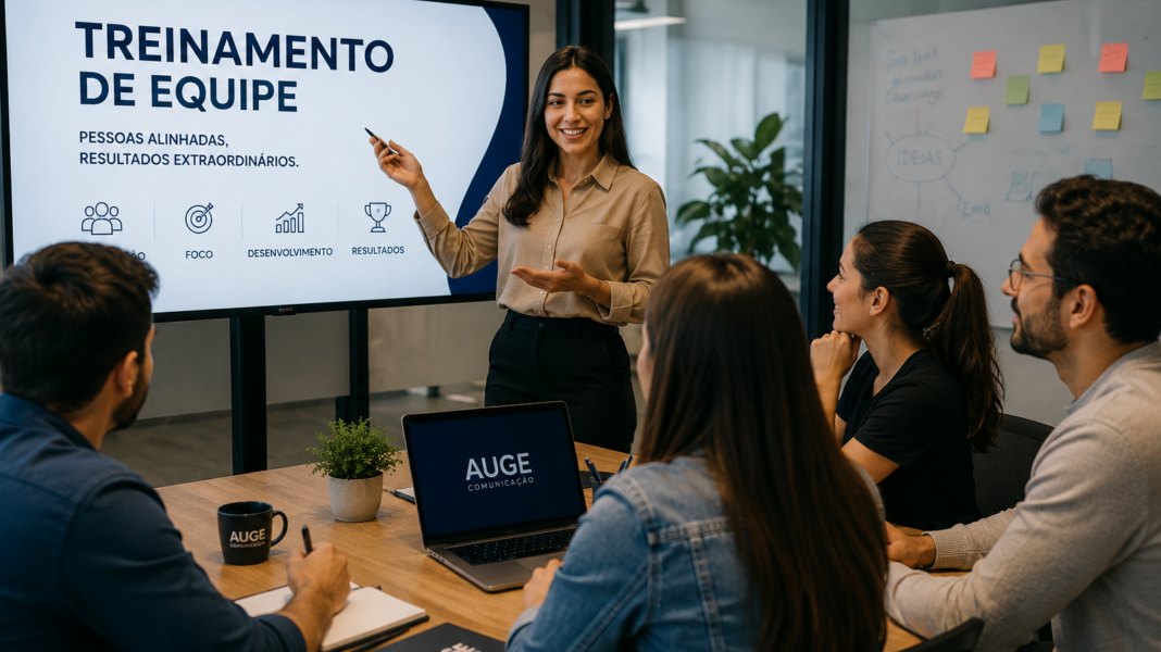 Treinamento de equipe da Auge Comunicação em sala de reunião